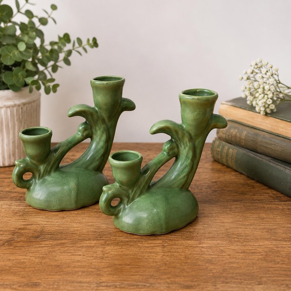 VTG Camark Pottery Pair of Green Double Candle Holders Mid Century Matte Glaze